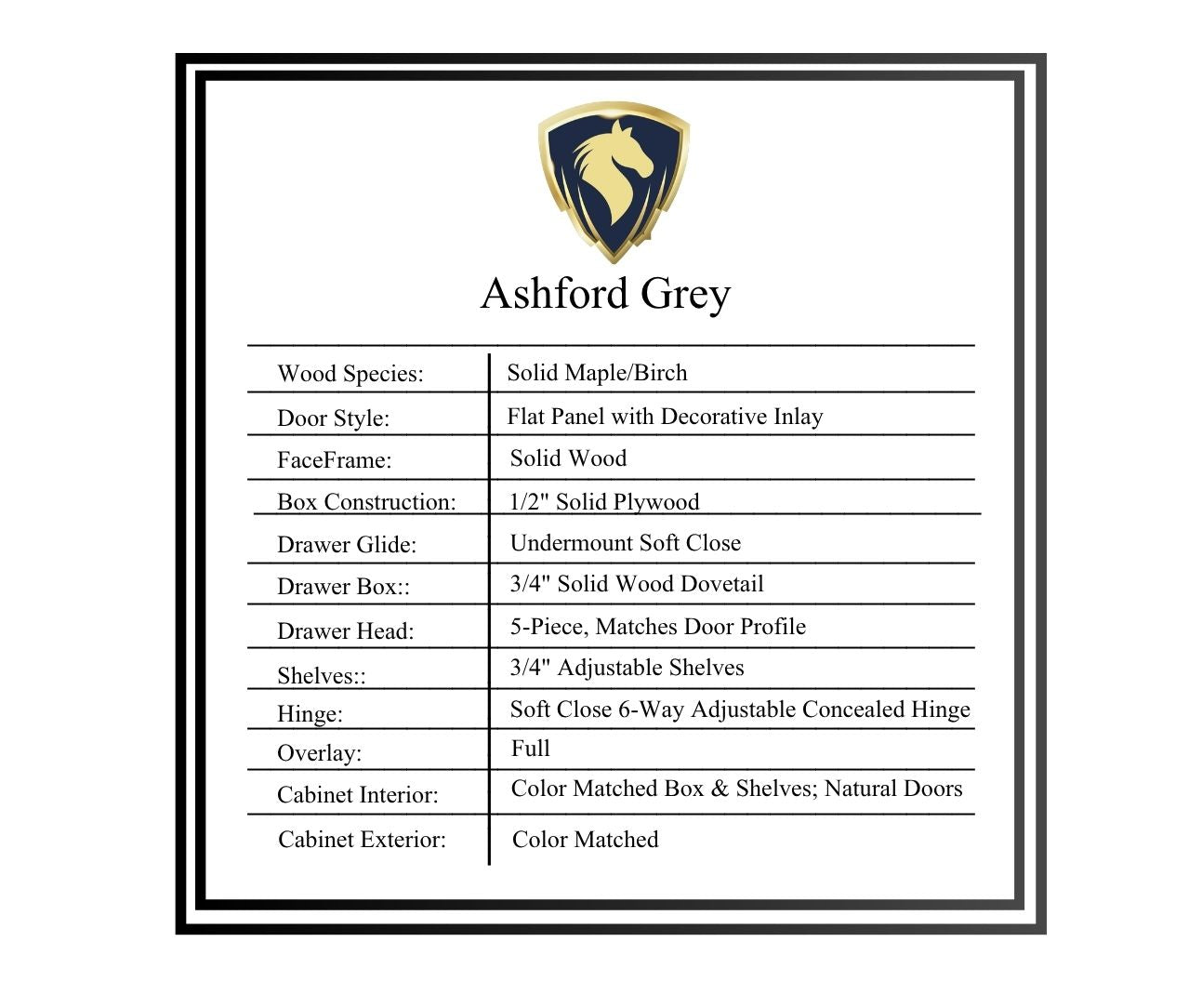 Cabinet construction, product specification sheet for a Canterwood Cabinets Ashford Grey style kitchen cabinets