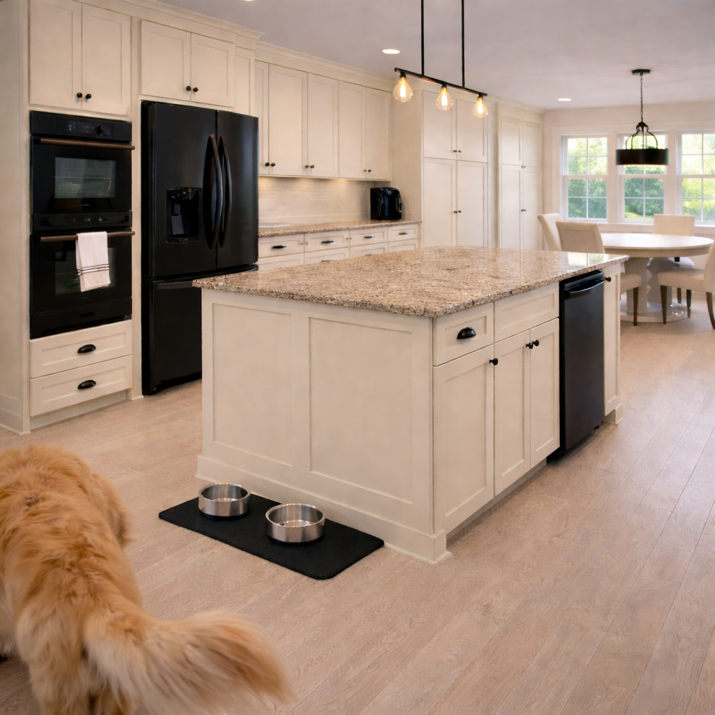 Modern kitchen, classic cream shaker cabinets, black appliances, fixtures and knobs, light wood floor, bright windows