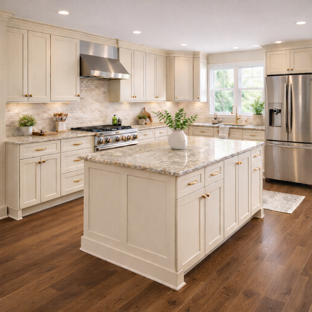 A modern kitchen with classic cream color cabinets, gold hardware, and medium oak flooring with stainless appliances