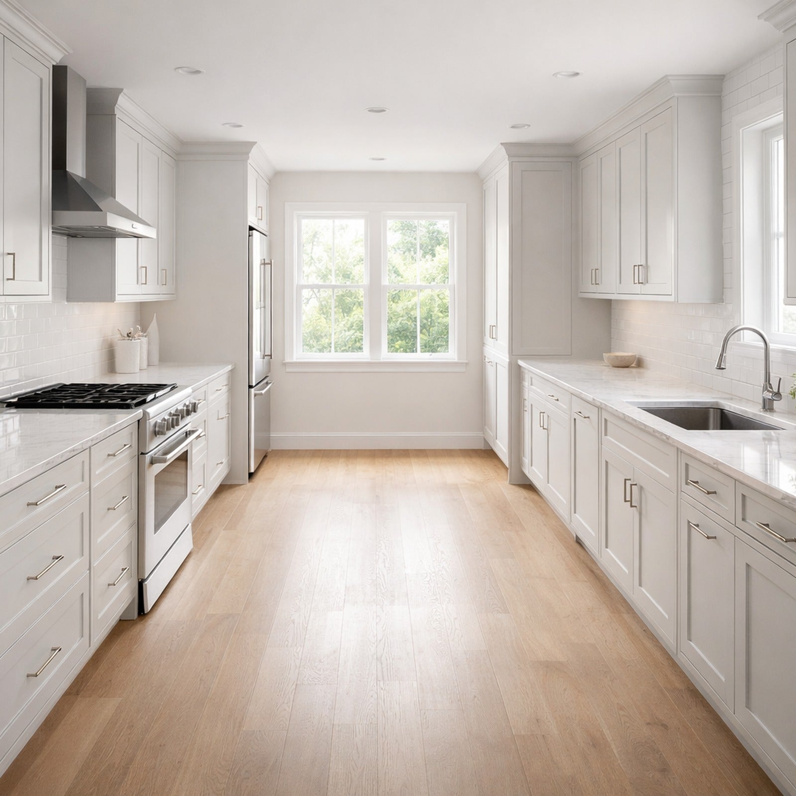 A bright white shaker galley style kitchen with modern finishes offering parallel  set up for efficiency and movement