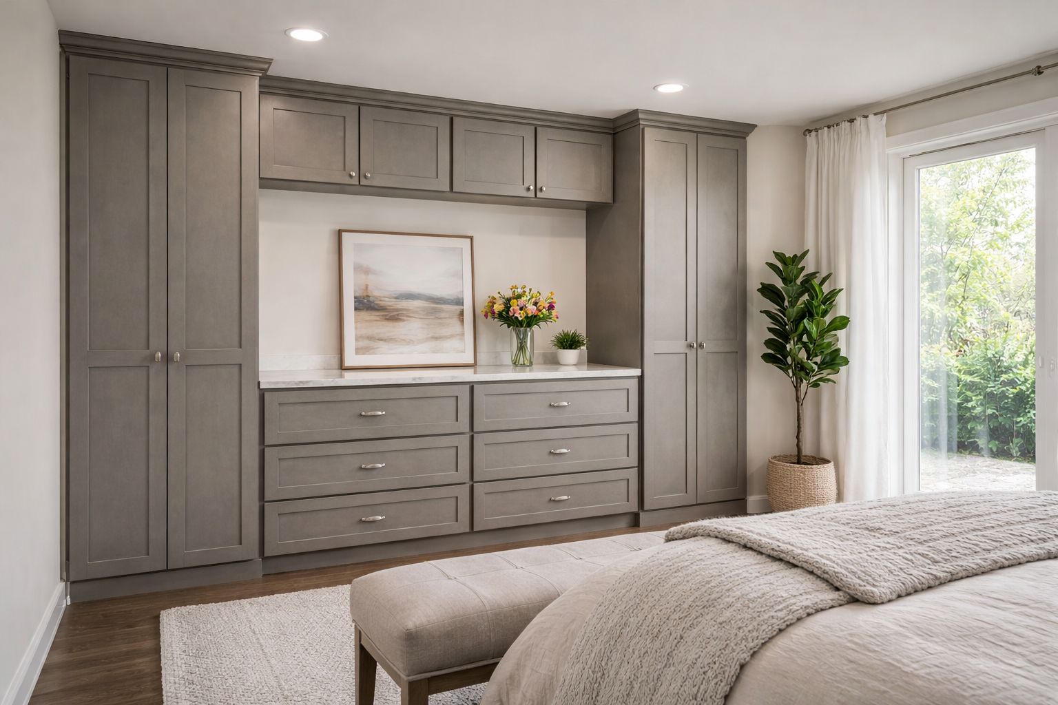 Bedroom closet wall unit cabinets, Newkirk Grey, shaker style, chic bedroom, light walls, linen bedding, seatee