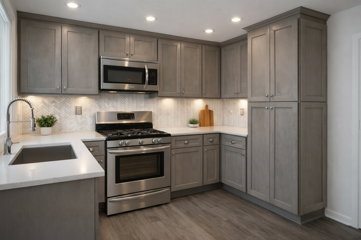 Greige kitchen cabinets, Newkirk Grey shaker style cabinetry with decorative subway tile backsplash, stainless steel appliances, undermount sink, faucet sprayer