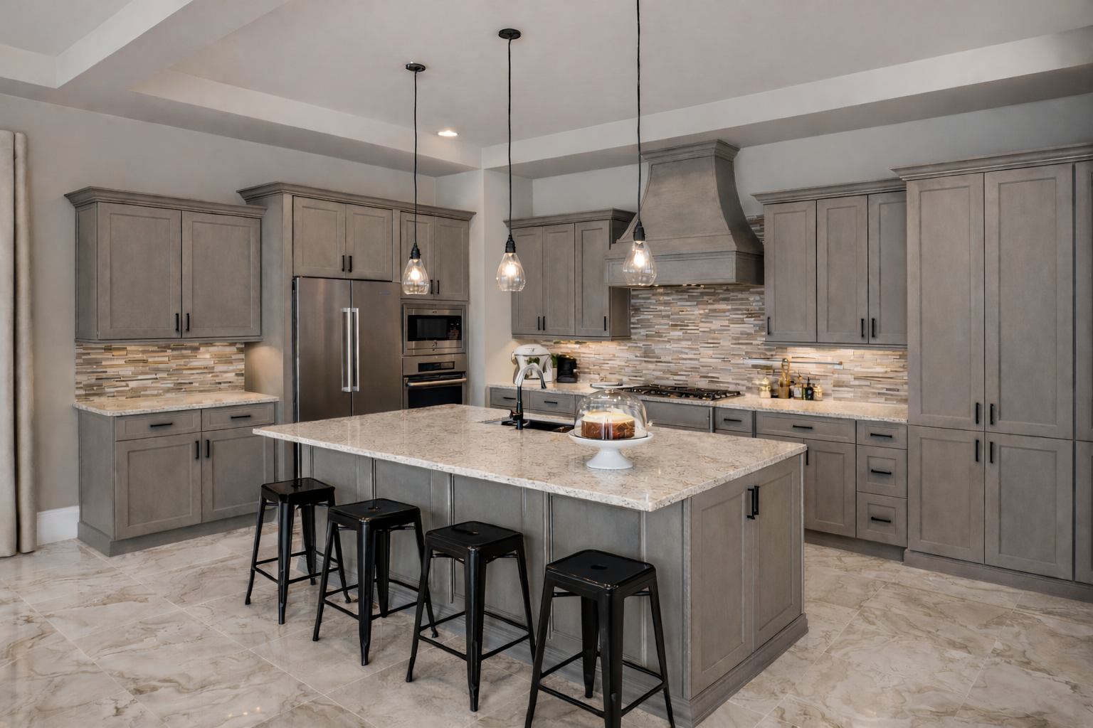 Upscale, Newkirk Grey kitchen cabinets, shaker style, with matching island, black metal bar stools, black hardware and accessories, stainless steel oven and refrigerator, marble flooring