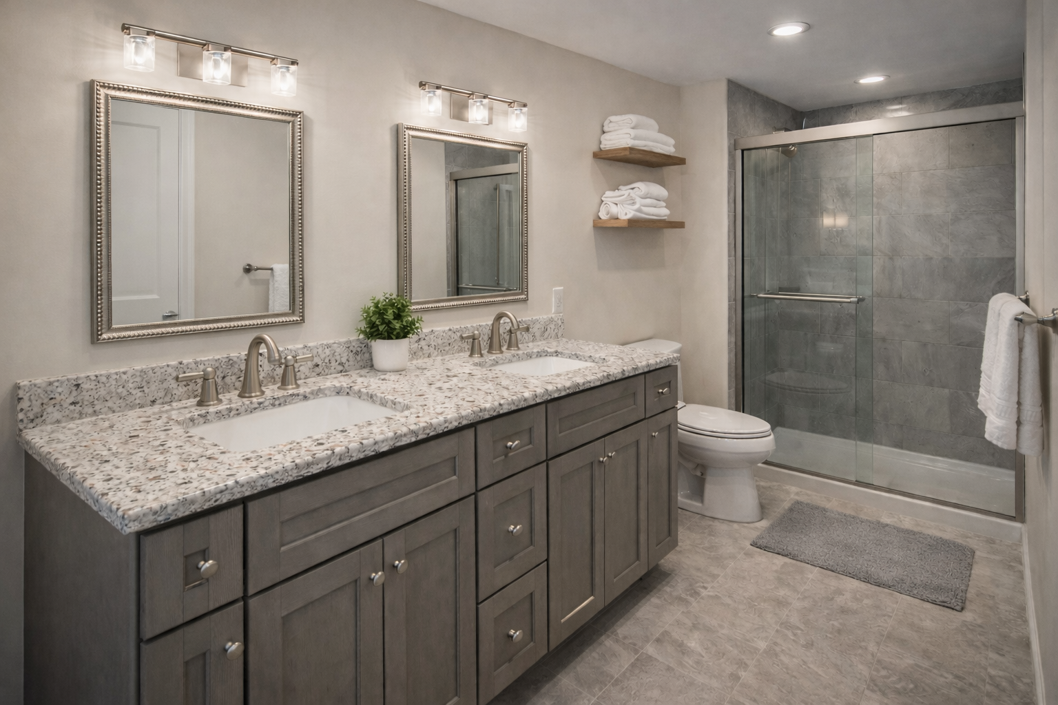 Modern Bathroom with greige, shaker style cabinets, double sinks, granite countertop, nickel finish hardware and accessories