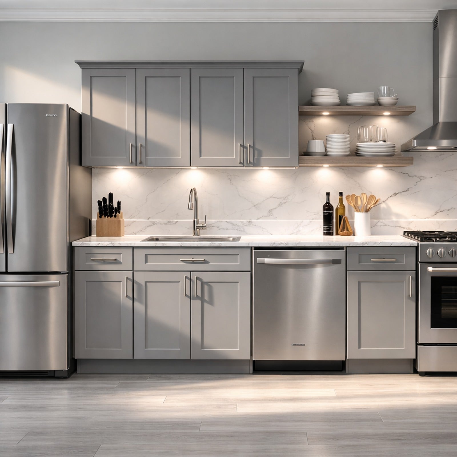 A linear style kitchen, one-wall, or single-wall design for open spaces or apartment living. Stainless appliances, marble counters with light gray veining, marble backsplash.