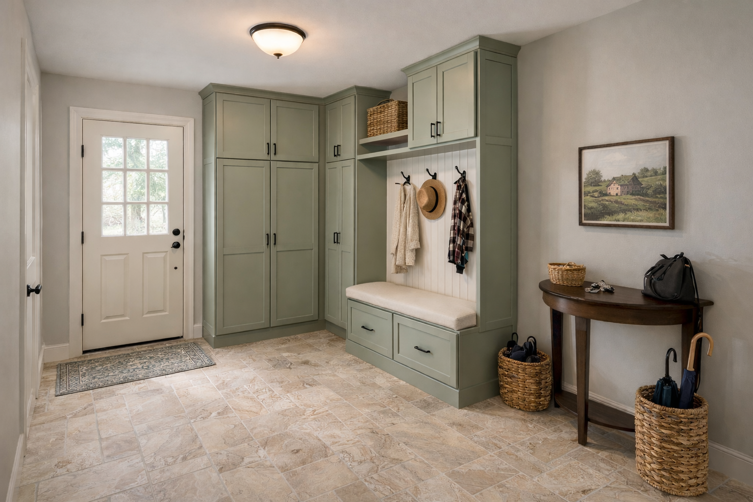 fresh sage shaker pantry cabinets and drawers designed into a mudroom entrance for functionality