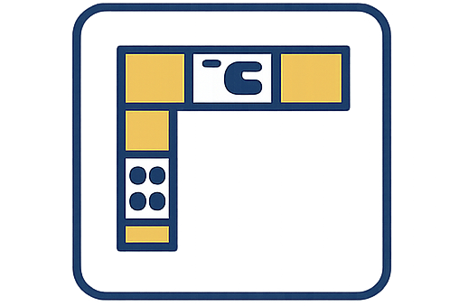 A kitchen icon in blue and gold with an L-shaped diagram example