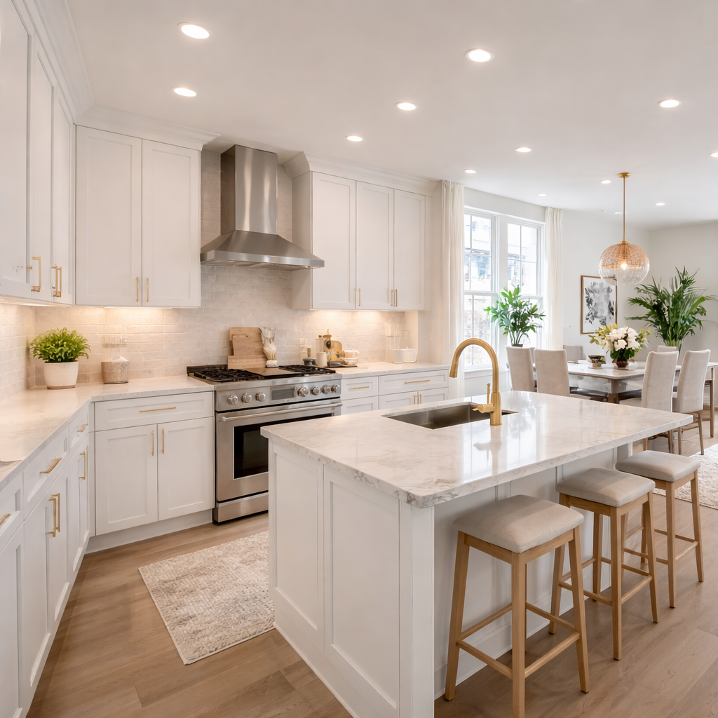 Beautiful open concept white shaker kitchen with gold hardware, stainless appliances, light oak flooring and matching island with built in sink