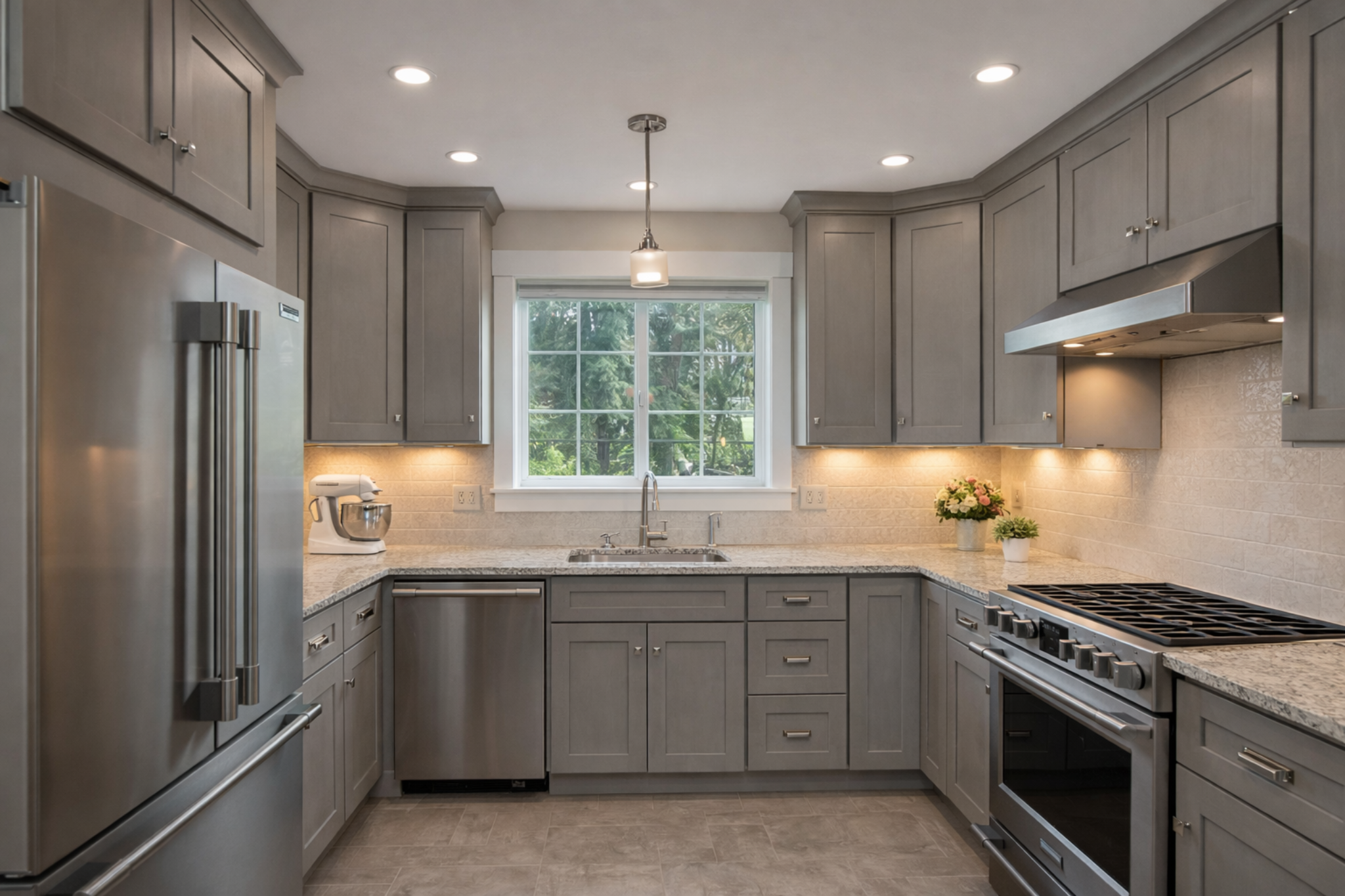 Medium wood greige color cabinets in a U-shaped layout, with tile flooring, granite countertops, and stainless steel appliances