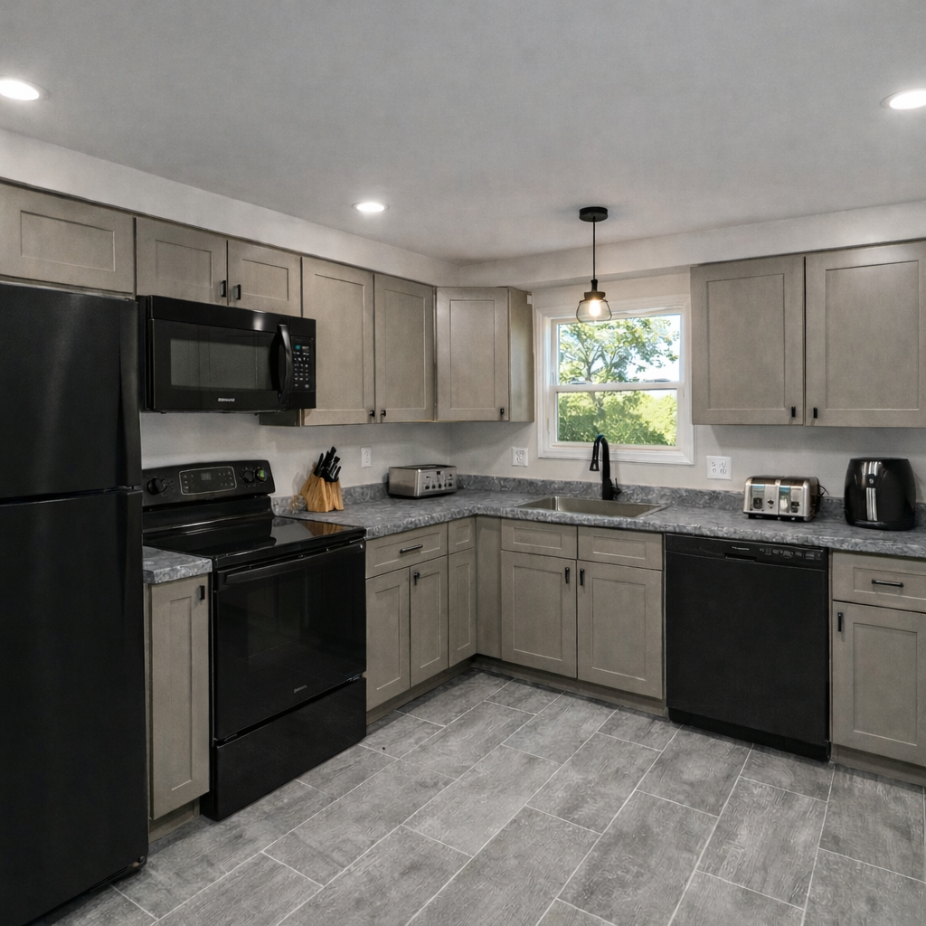 Newkirk Grey kitchen cabinets in an L-shaped layout with black appliances and tile flooring
