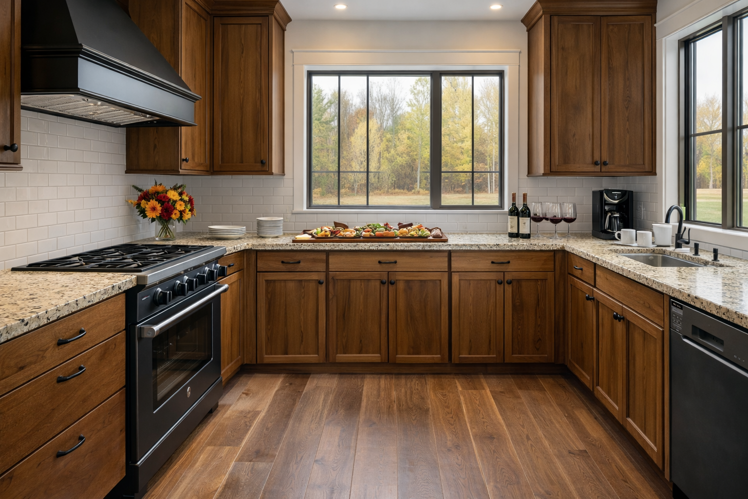 Modern rustic hickory shaker kitchen with granite countertops and black accents