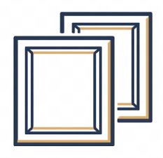 Two kitchen cabinet doors in stacked formation with navy blue and gold outline
