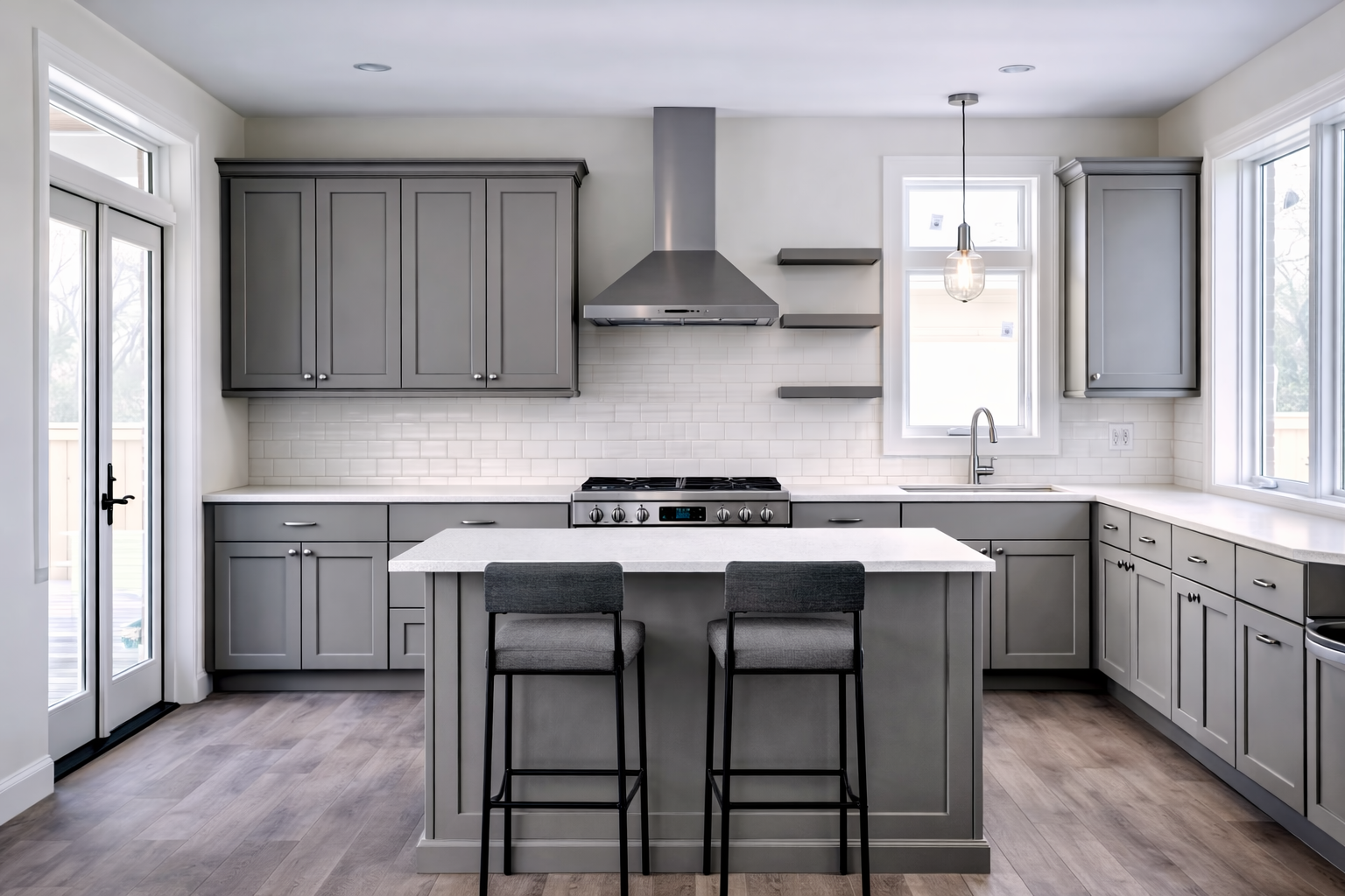 Modern gray shaker kitchen with floating shelves and quartz countertops with natural lighting and small island.