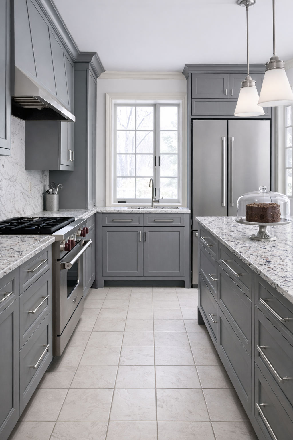 Modern gray shaker kitchen in a galley style layout with silver hardware and appliances