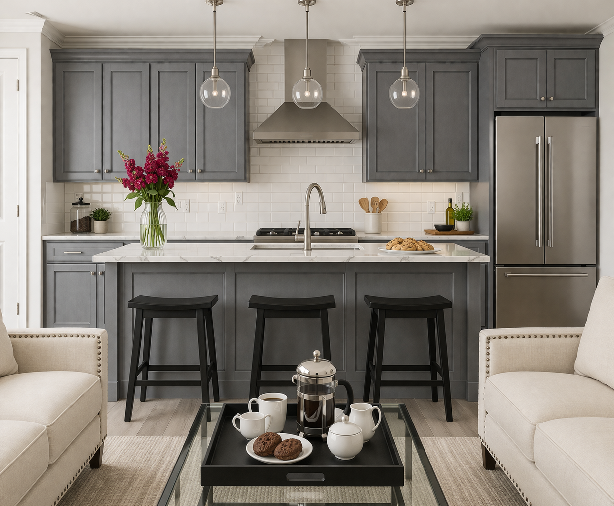 Modern, linear style gray shaker kitchen with decorative edge door panels, white brick pattern backsplash and silver accents. 