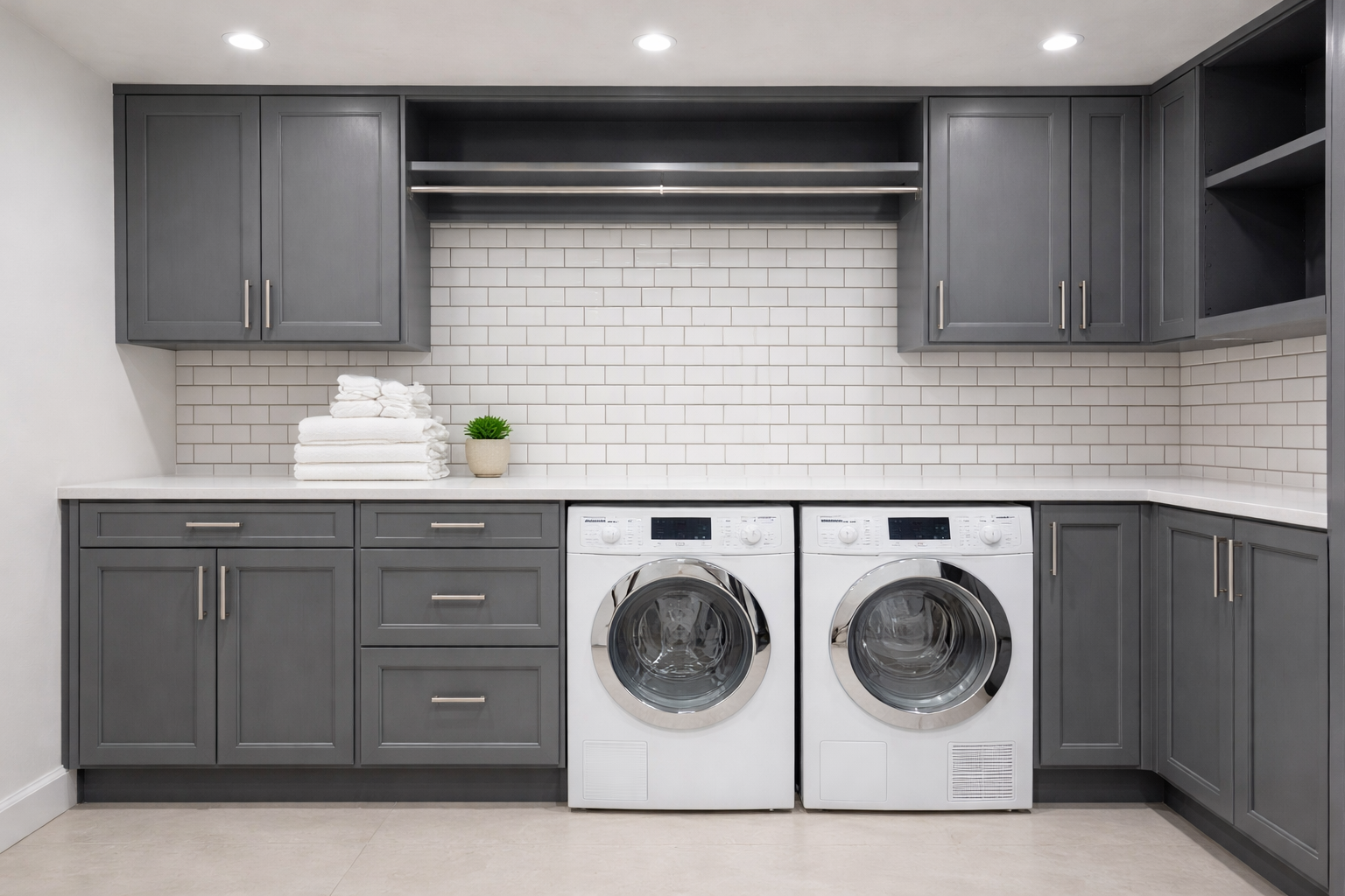 Modern gray laundry room with gray shaker cabinets with decorative edge and subway tile backsplash