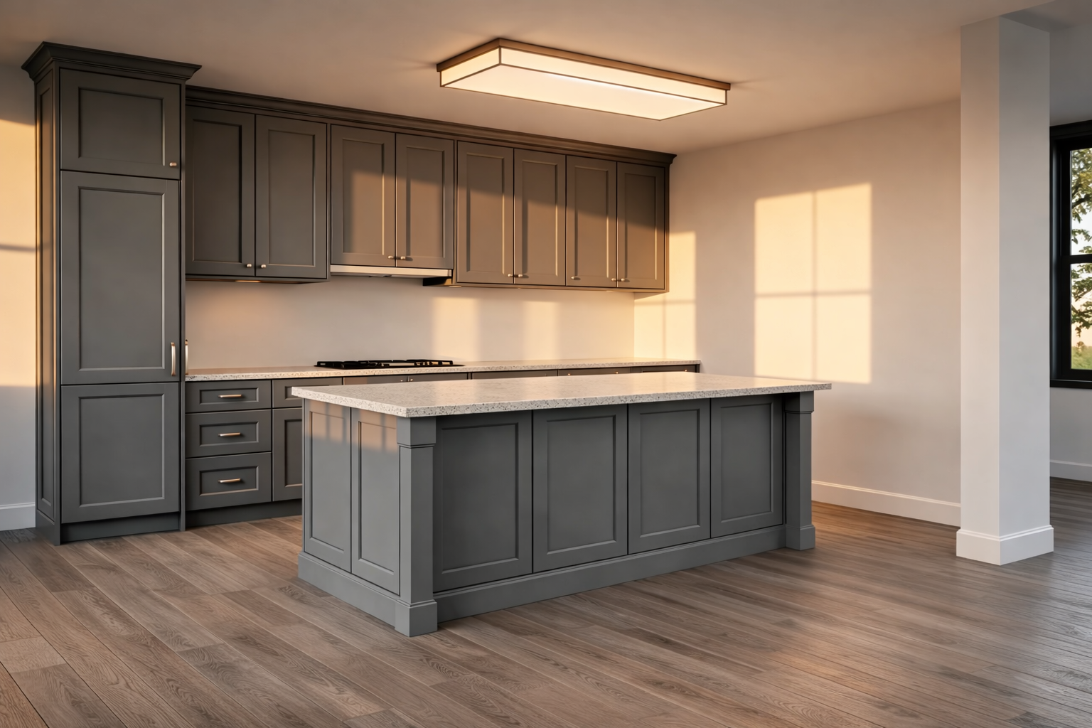 Gray shaker kitchen with decorative door style with florescent lighting and large island compliments this large apartment layout.