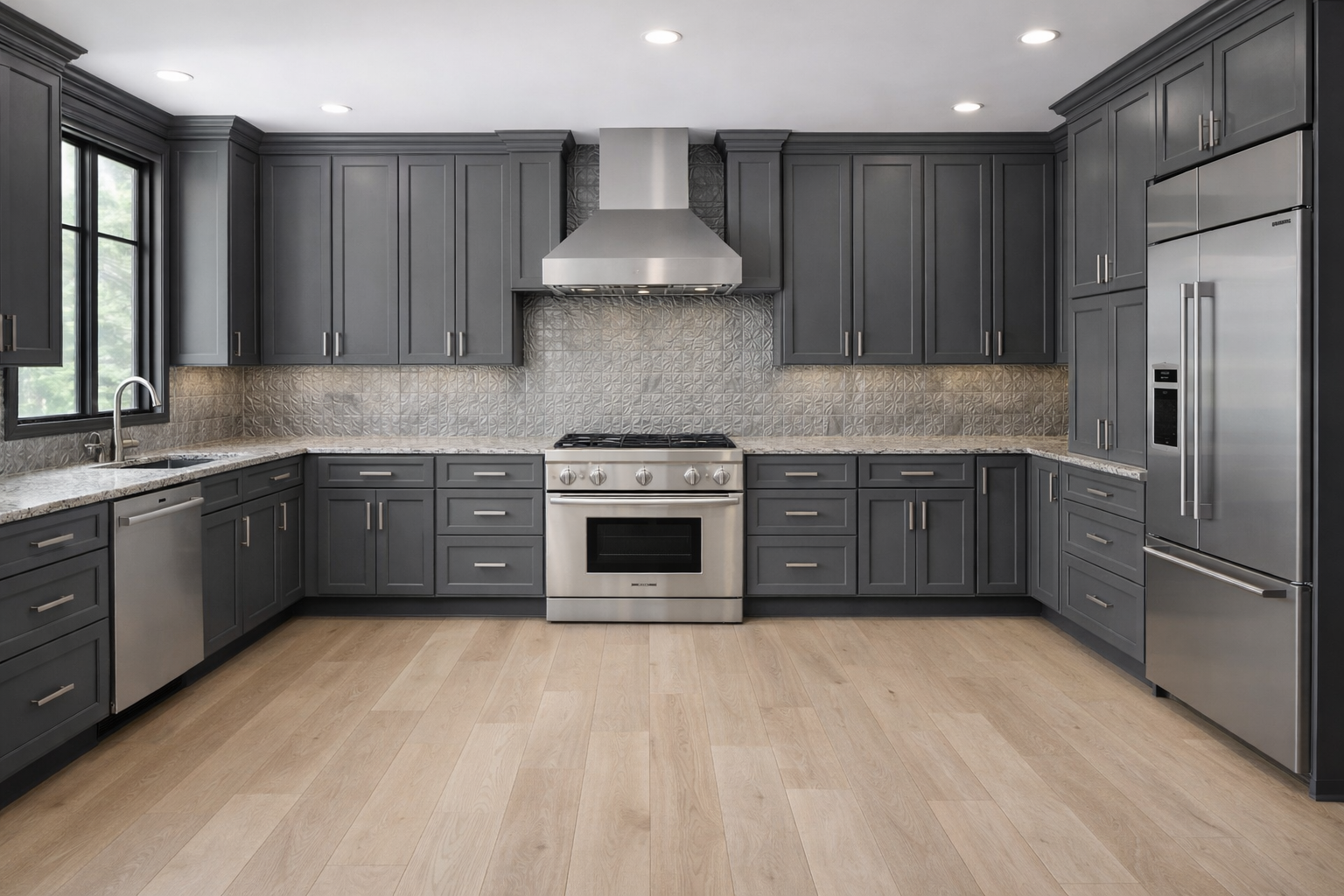 Gray shaker kitchen cabinets with medium to dark gray finish. A modern tin backsplash offers contrast against the granite countertops.