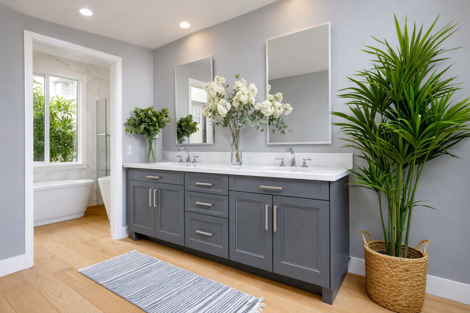 gray bathroom vanity with white quartz countertops and modern soaking tub