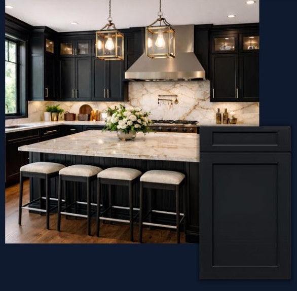 Large luxury kitchen with black shaker cabinets, L-shaped layout, large island with granite countertops and gold hardware