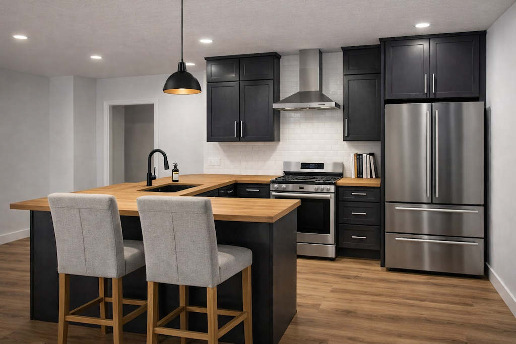 Midnight black shaker cabinets in a small modern kitchen with white subway tile back ground and butcher block countertops