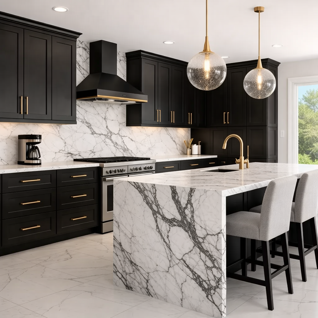 Midnight Black Shaker cabinets by Canterwood give this modern kitchen with marble waterfall island counter a high-end feel in a smaller size space.