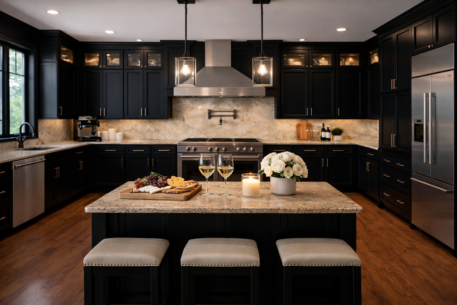 Dark and Bold, black shaker cabinets with full granite countertops and backsplash elevating a modern look for entertaining