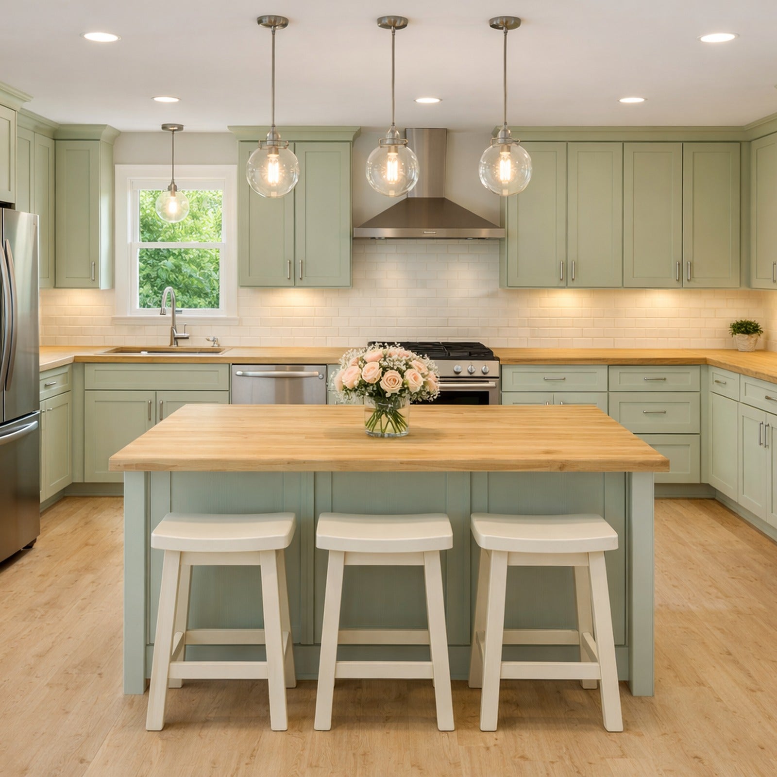 Modern kitchen with Sage Shaker cabinetry, butcher block countertops, stainless steel appliances, matching island.