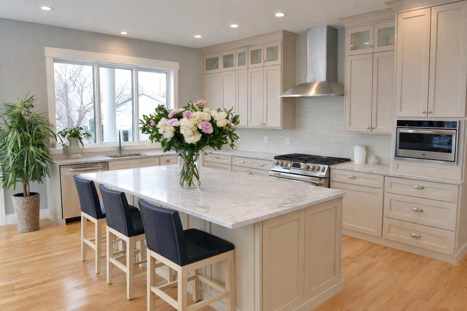 Cream shaker cabinets with quartz countertops with silver appliances and accents