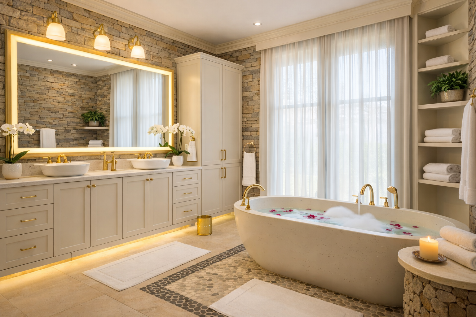 Luxurious bathroom with soaker tub and cream shaker vanity cabinets with gold accents