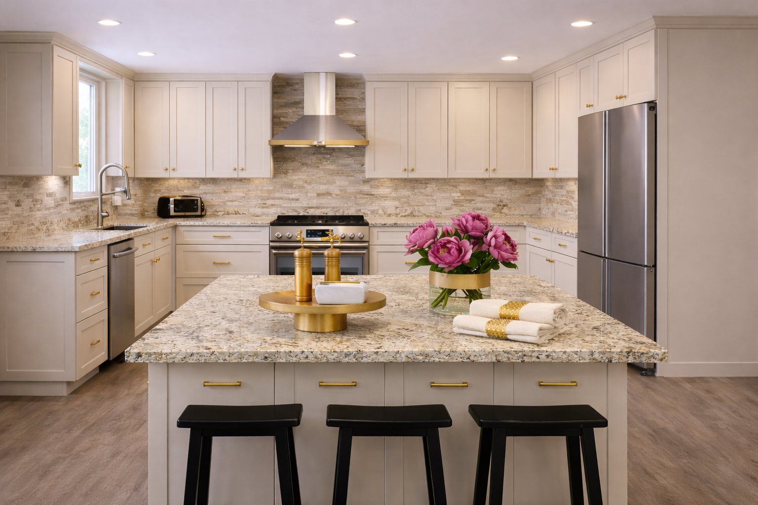 Modern kitchen with stainless appliances and gold kitchen accents