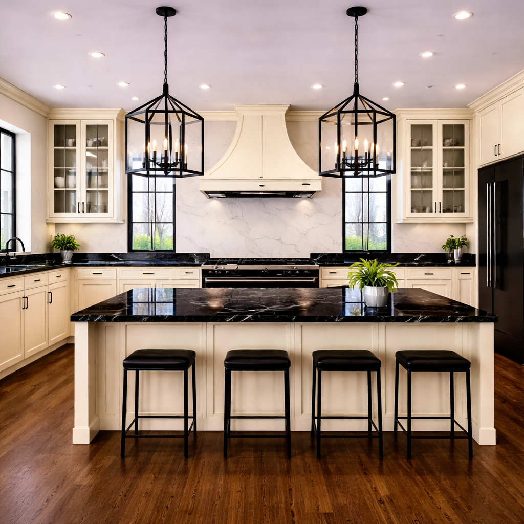 Modern kitchen with black marble island and black accessories and hardware