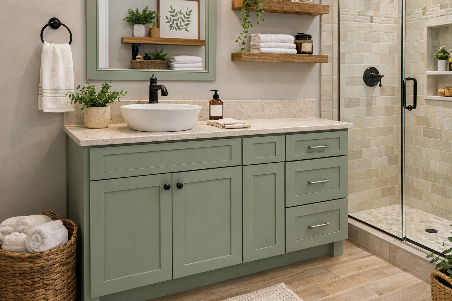 Fresh Sage Shaker bathroom vanity with storage, bowl-style sink, and granite countertops with a country vibe