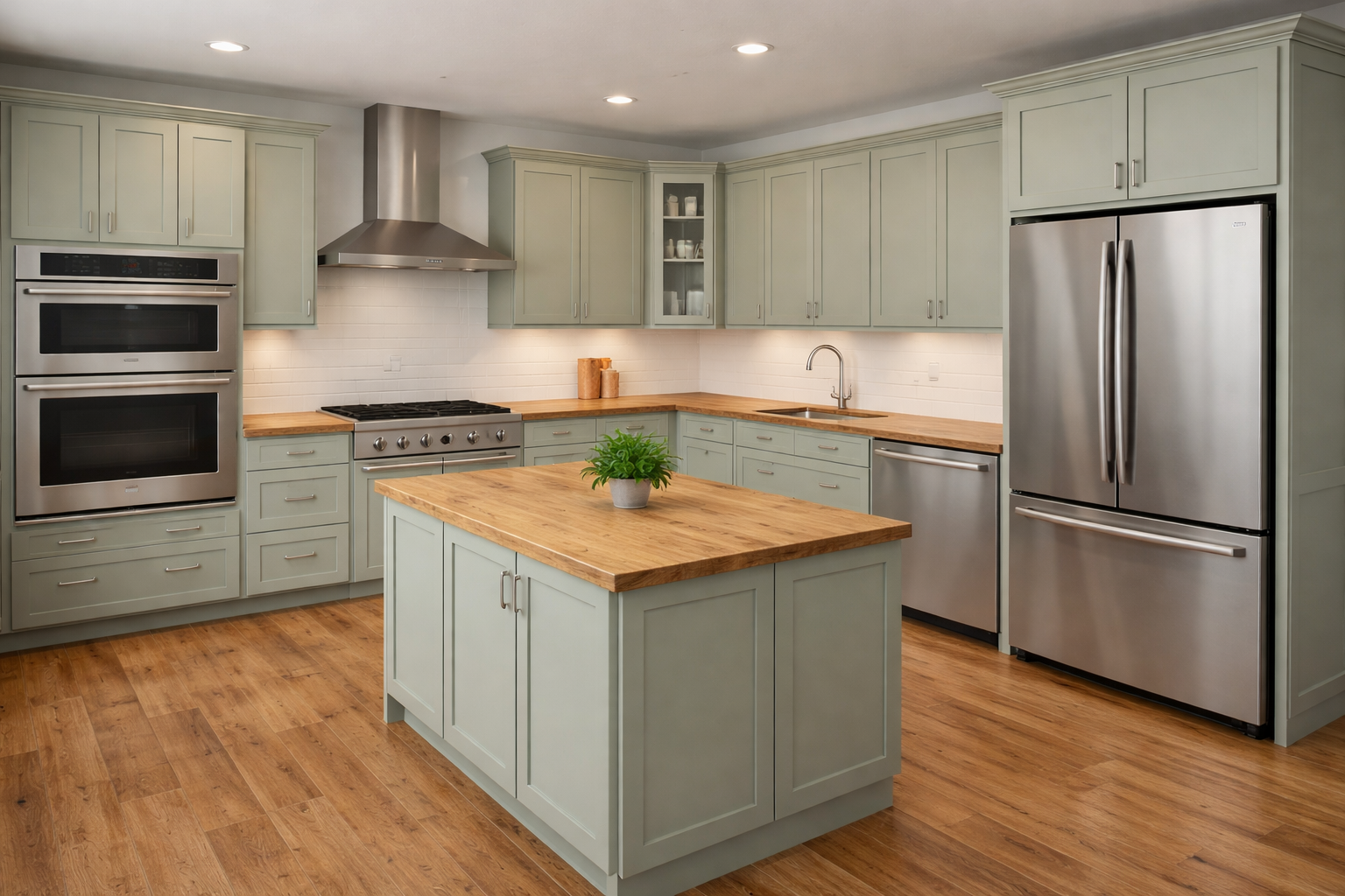 Fresh Sage Shaker cabinets in an L-shaped kitchen layout with butcher block countertops and stainless steel appliances