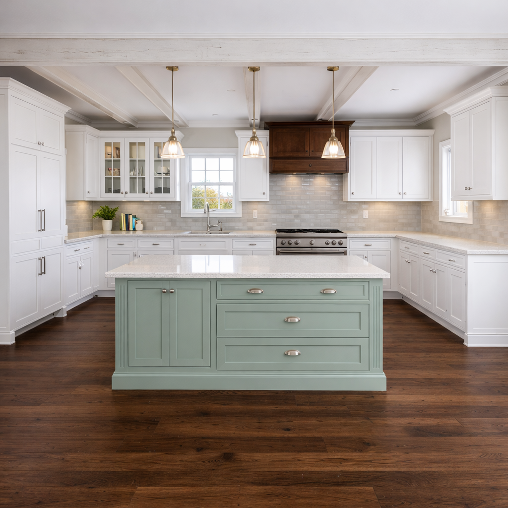 Large fresh sage kitchen island with white shaker cabinets around a U-shaped layout compliments the walnut color flooring with matching range hood