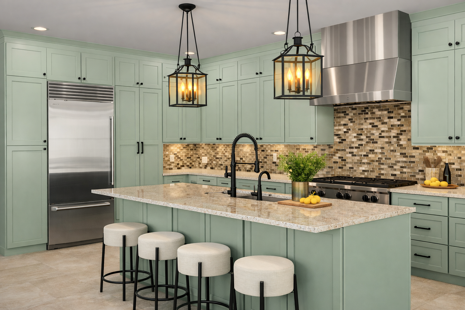 fresh sage shaker cabinets in an L-shaped kitchen layout with multi-color tile backsplash, black hardware, and stainless appliances