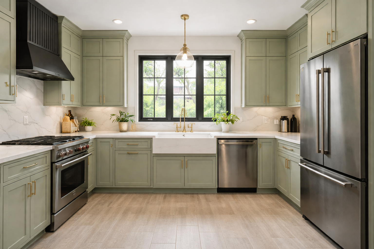 fresh sage shaker kitchen cabinetry  in a U-shaped kitchen with gold hardware and faucet and stainless appliances