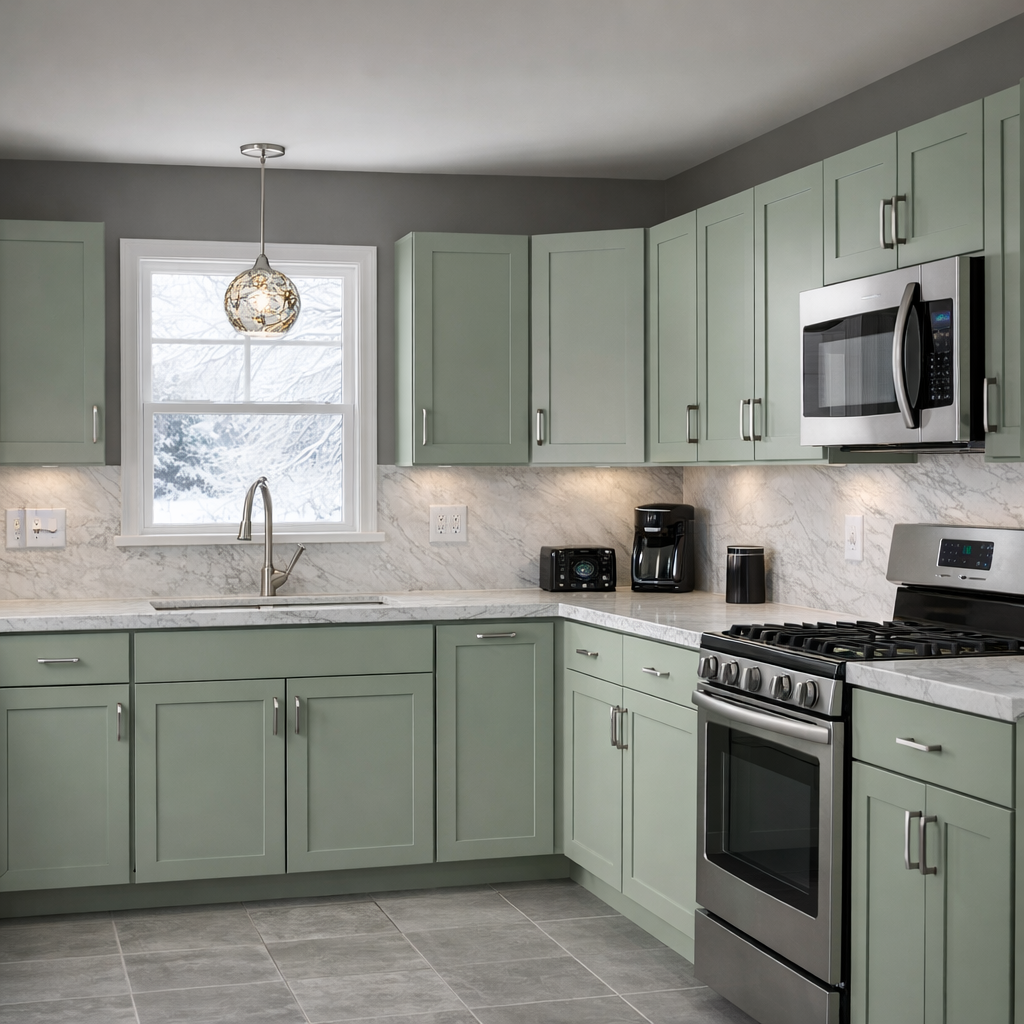 Fresh sage kitchen cabinets in a small L-shaped kitchen layout. Stainless steel hardware compliments nicely with the stainless appliances and gray walls
