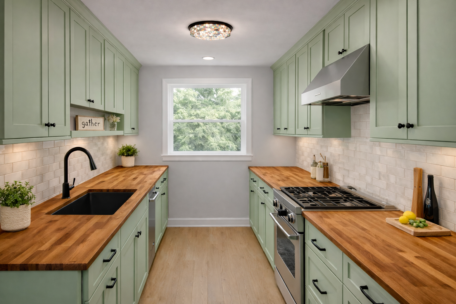 Fresh sage shaker cabinets in linear style kitchen with medium oak butcher block countertops and stainless appliances