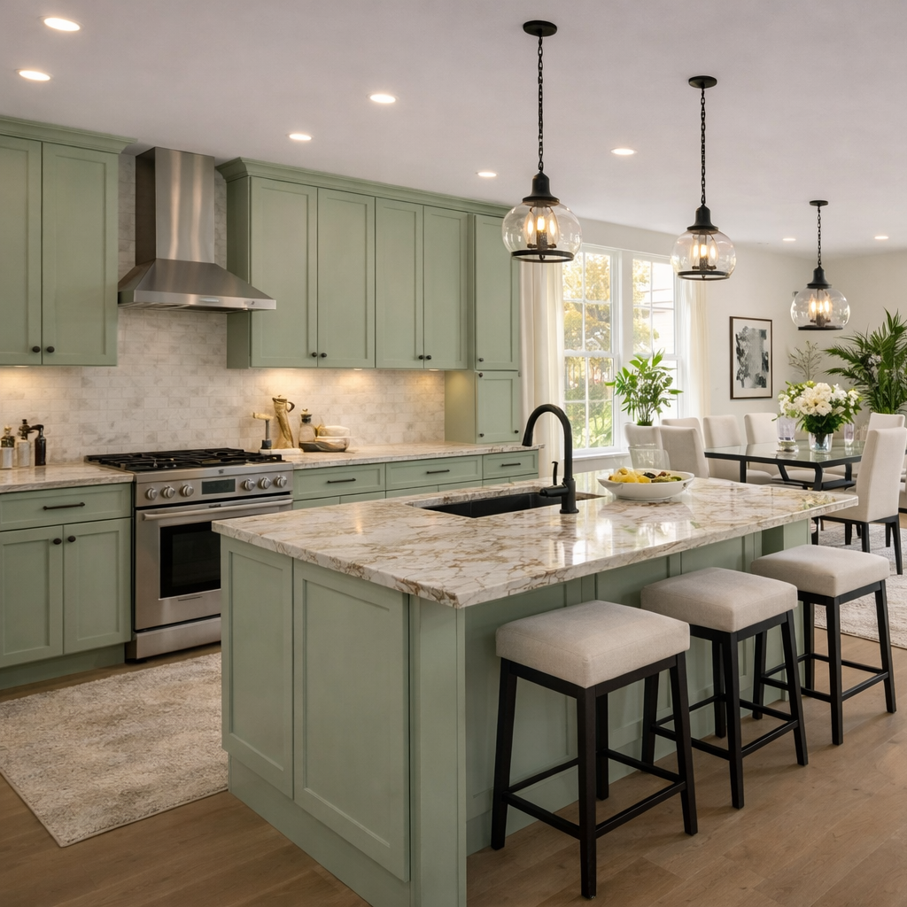 fresh sage cabinets in an open concept kitchen with marble countertops and black accents