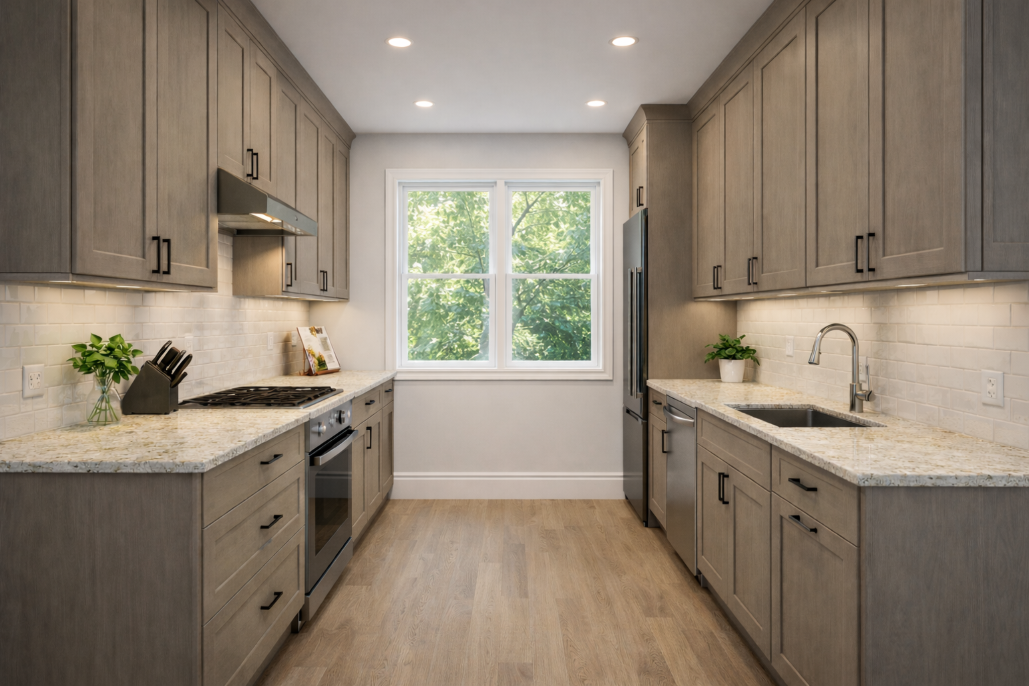 medium wood gray shaker kitchen in a galley style layout with black hardware, and medium oak wood flooring