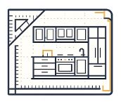 Blueprint of a kitchen layout with cabinets and appliances on graph paper.