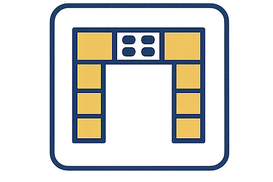 A blue and gold icon showing what a U-shaped kitchen looks like