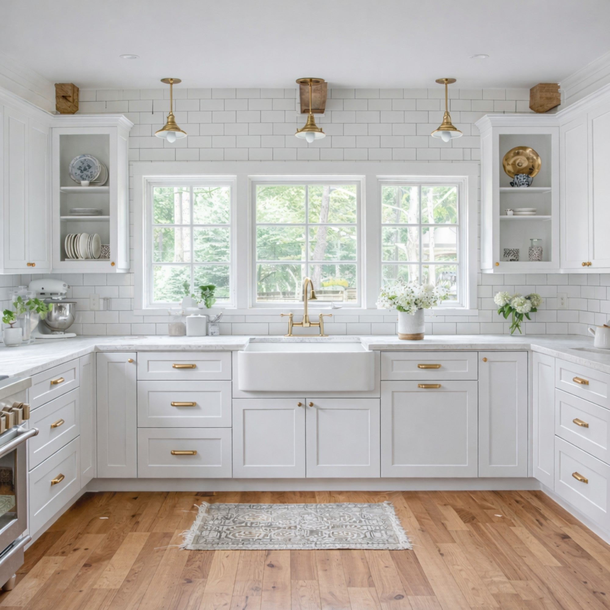 Legacy White Shaker kitchen with farmhouse sink, white subway tile backsplash, and brass hardware