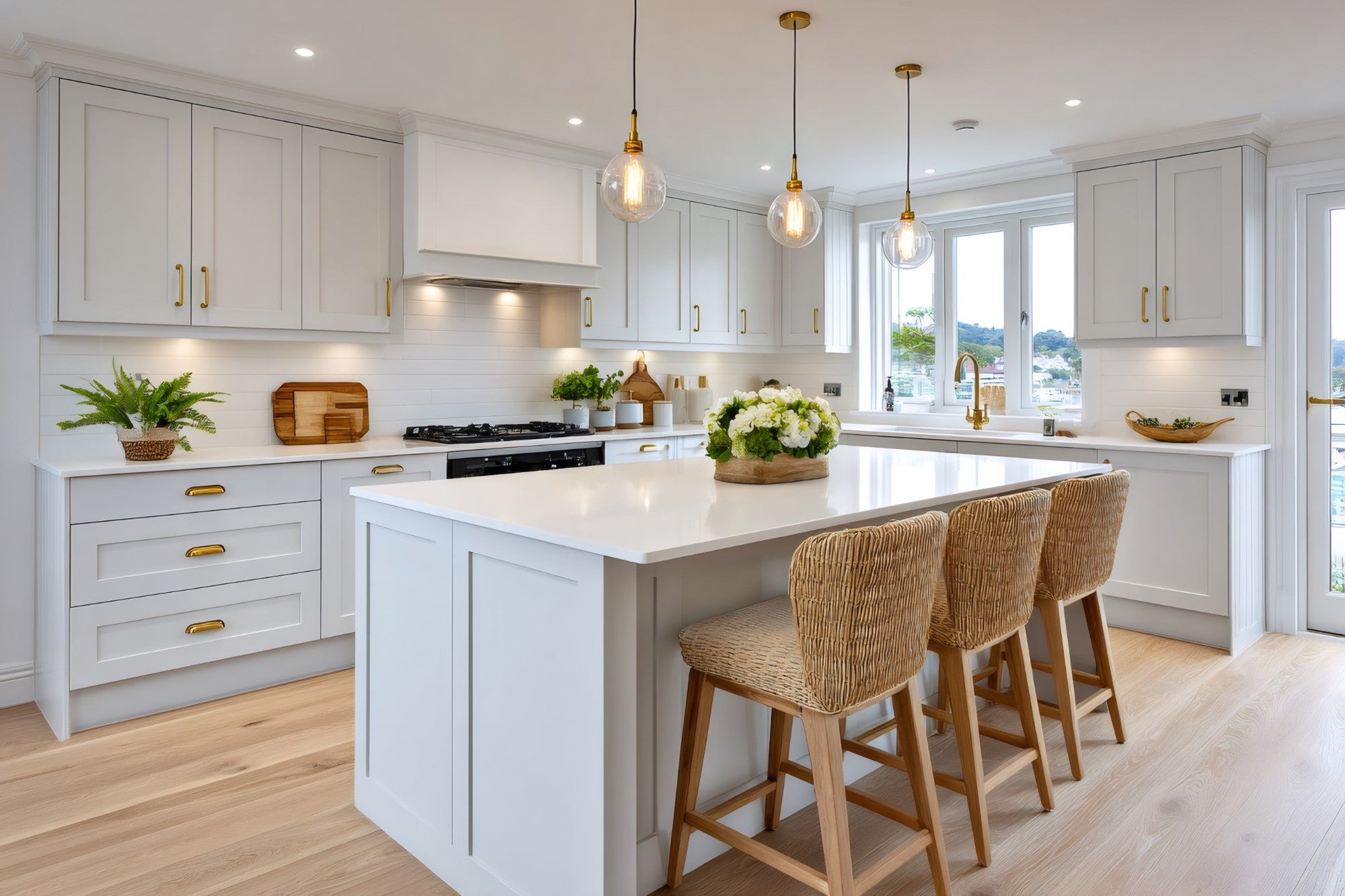 Legacy White Shaker kitchen with large island seating, brass pendant lighting, and natural wood flooring