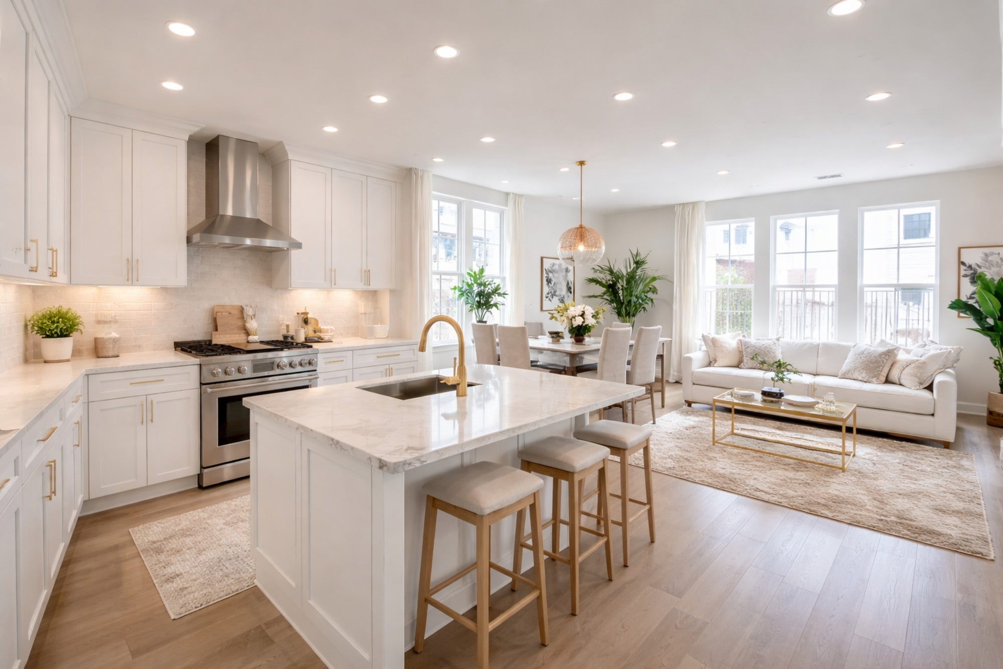 Legacy White Shaker kitchen with island seating open to dining and living room with light wood flooring