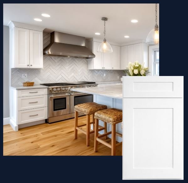 White shaker cabinets in an L-shaped kitchen layout, medium size island and marble countertops with grey veining