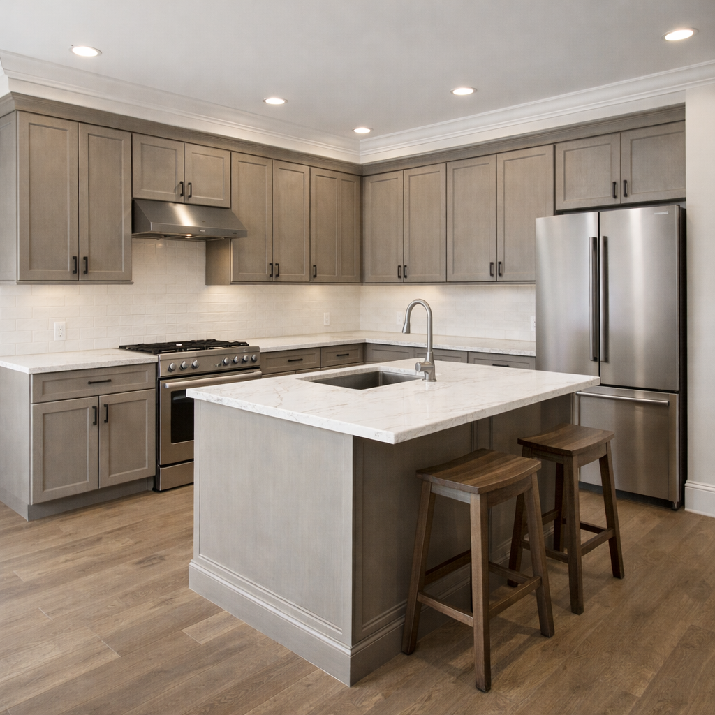 Newkirk Grey medium wood cabinets in an L-shaped kitchen with small kitchen island and black hardware