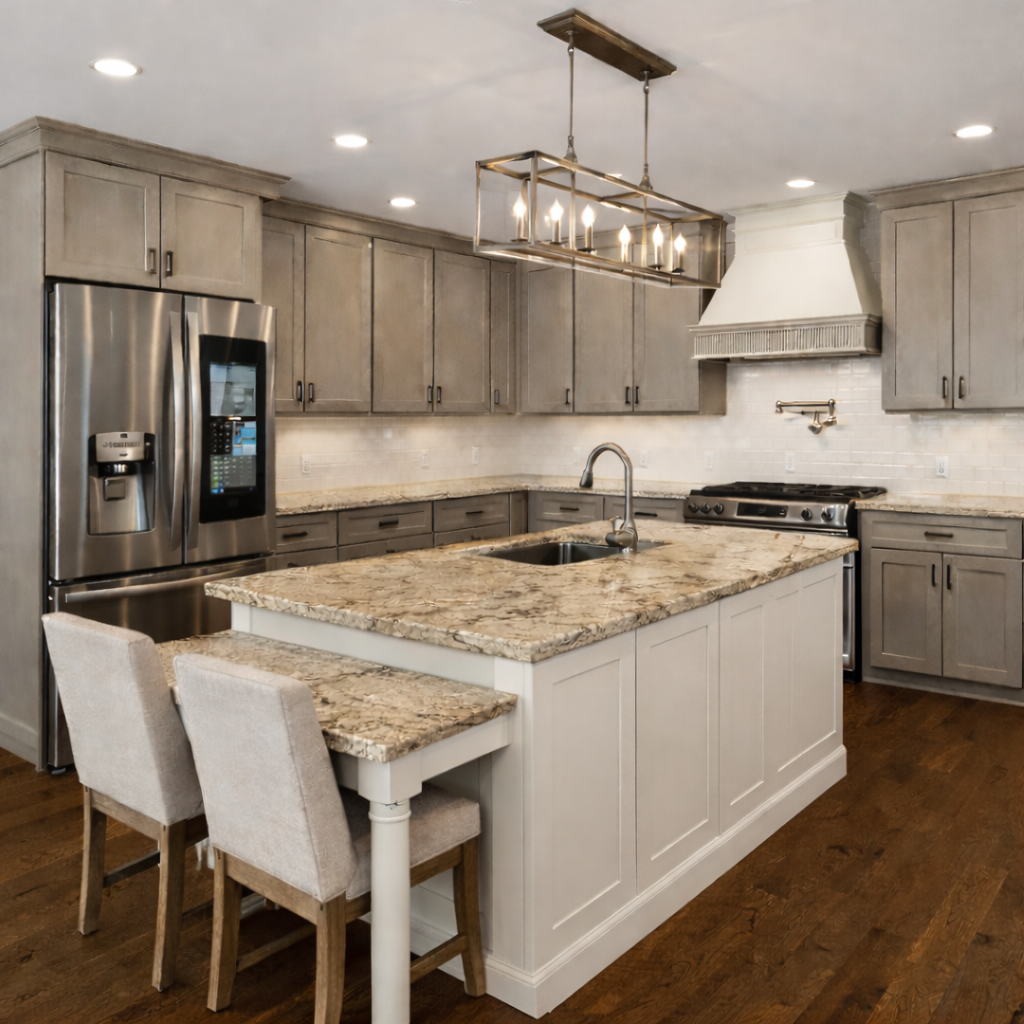 Newkirk Grey shaker kitchen, L-shaped layout, with dark wood flooring, and large island