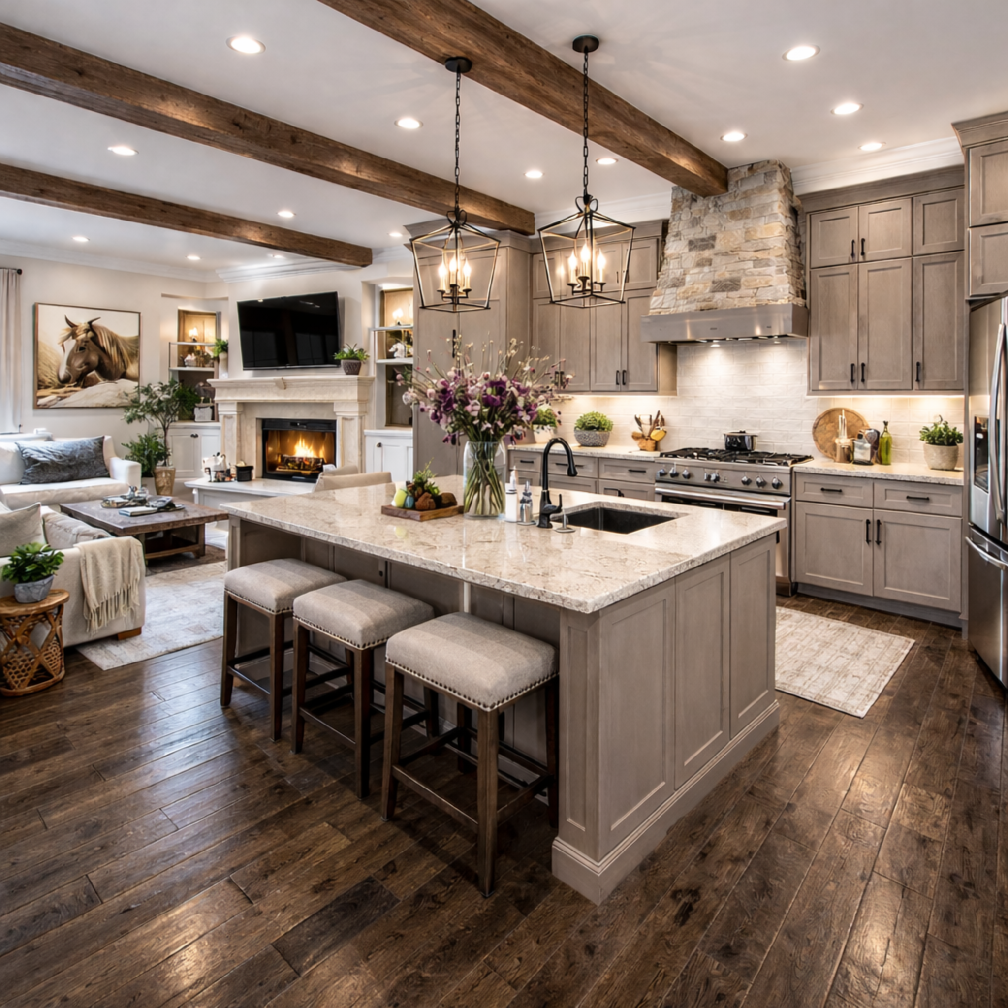 medium gray shaker cabinets with wood grain look, stone range hood, large kitchen island, open concept